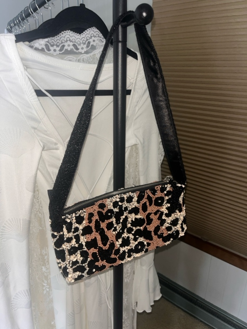Beaded Leopard-Print Shoulder Bag in Black & Brown